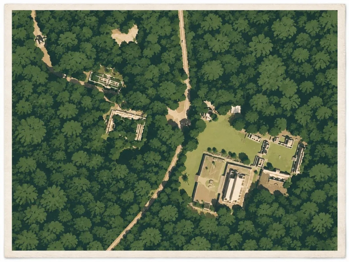 Illustrated aerial site map of Kabah in Yucatán, Mexico, showing major Maya architectural groups, plazas, pathways, and monumental structures surrounded by dense Puuc forest.