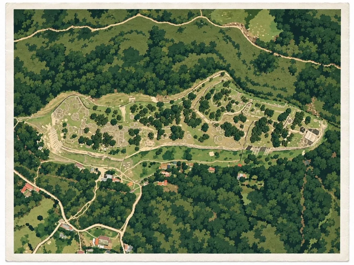 Illustrated aerial site map of Kuélap in Amazonas, Peru, showing the walled Chachapoya complex, circular stone structures, terraces, pathways, and surrounding Andean forest.