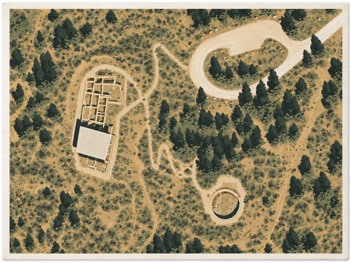 Illustrated aerial site map of Lowry Pueblo in Colorado, showing the Ancestral Pueblo great house under a protective roof, the circular Great Kiva, surrounding paths, and high-desert vegetation.