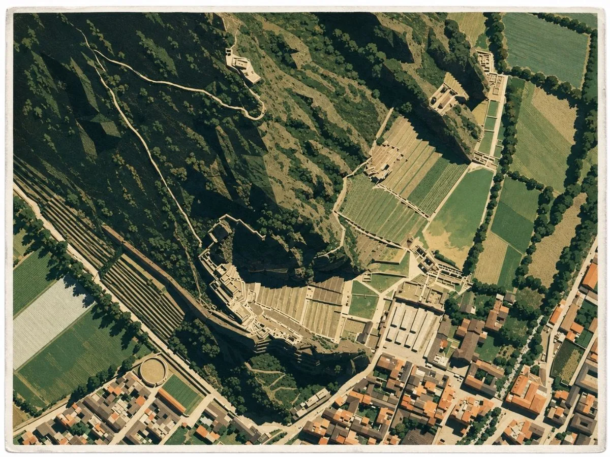 Illustrated aerial site map of Ollantaytambo in Cusco, Peru, showing Inca terraces, temples and other structures built into the mountainside, with the historic town and surrounding agricultural fields below.