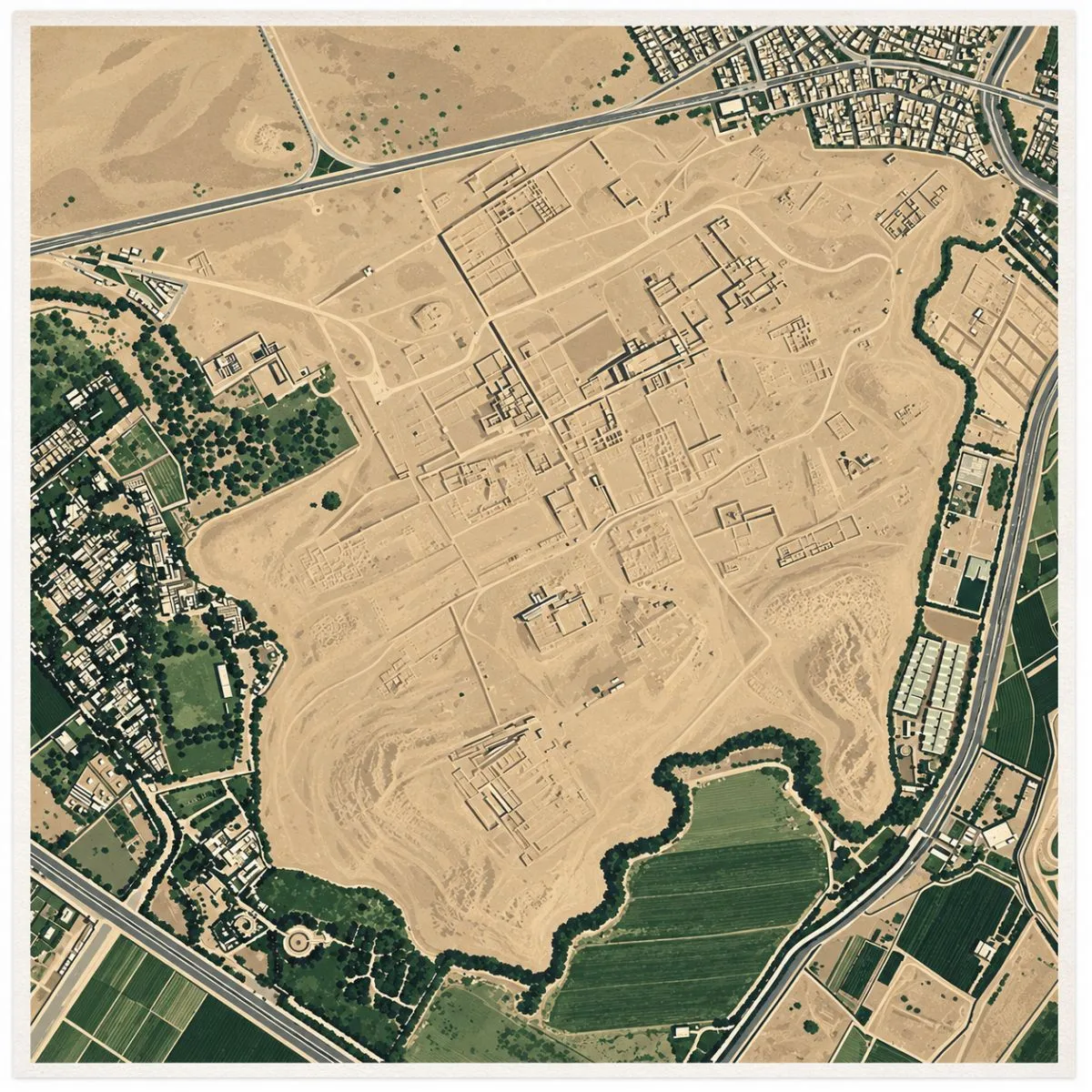 Illustrated aerial site map of Pachacamac in the Lurín Valley, Peru, showing temples, pyramidal complexes, plazas, roads, walls, and surrounding urban and agricultural areas.