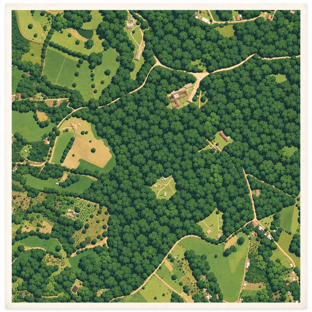 Illustrated aerial site map of San Agustín in Huila, Colombia, showing archaeological areas, pathways, forest clearings, and surrounding agricultural land and dense vegetation.