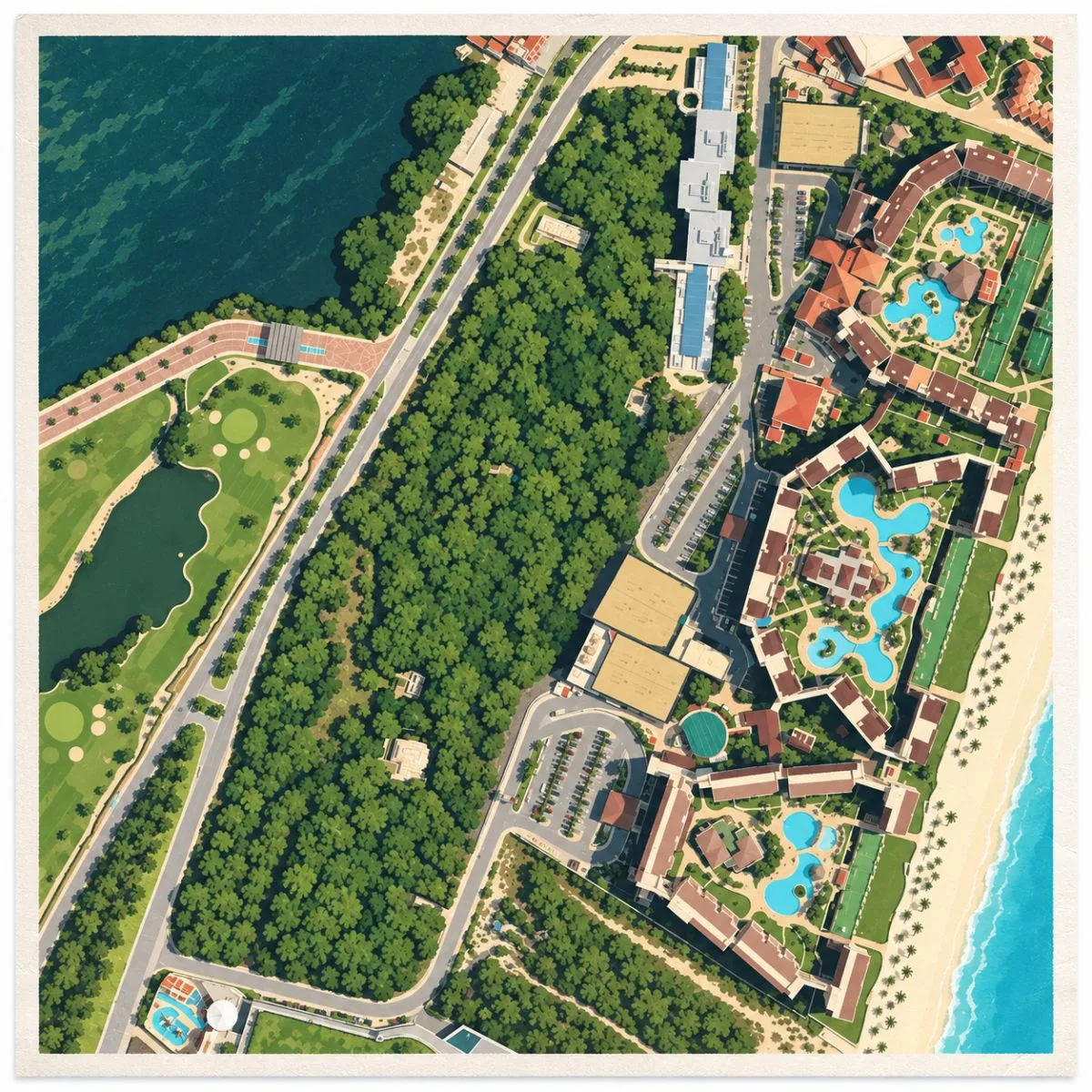 Illustrated aerial site map of the archaeological site of San Miguelito in Cancún, Quintana Roo, Mexico, showing the wooded archaeological grounds, surrounding roads, lagoon, golf course, and hotel zone.