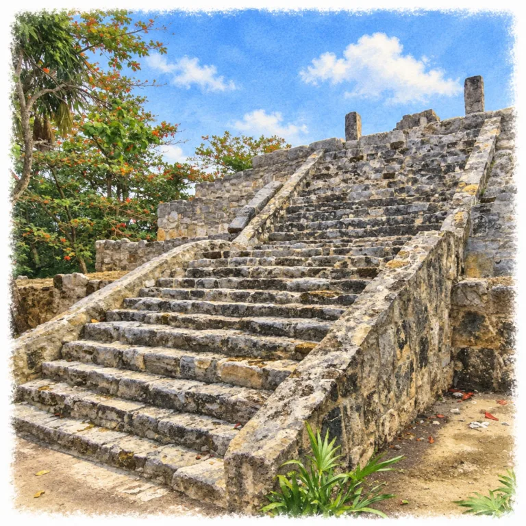 Main pyramidal structure at San Miguelito in Cancún, Mexico, with a broad staircase flanked by stone balustrades and the remains of a summit temple.