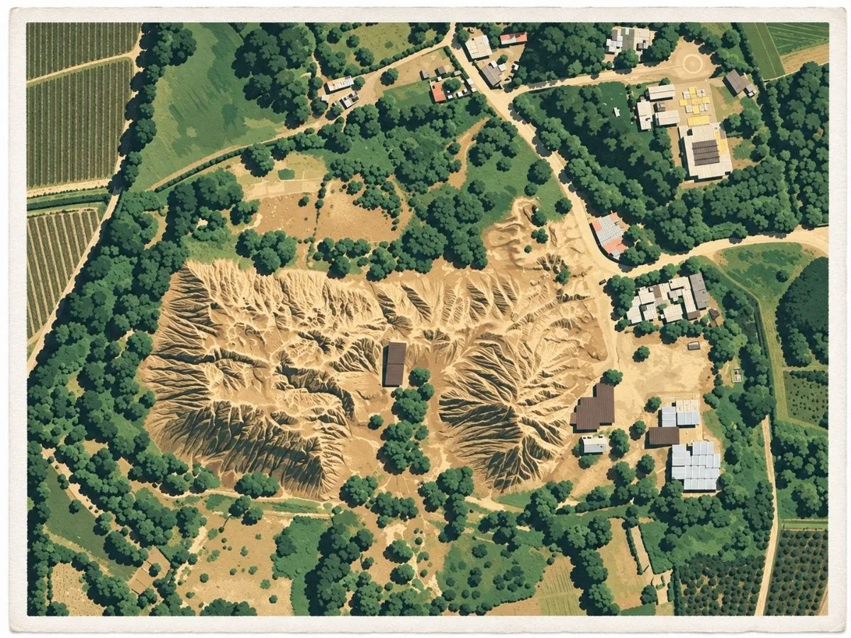 Illustrated aerial site map of Huaca Rajada-Sipán in Lambayeque, Peru, showing the Moche archaeological complex, eroded adobe platforms, excavation areas, pathways, and surrounding vegetation and farmland.