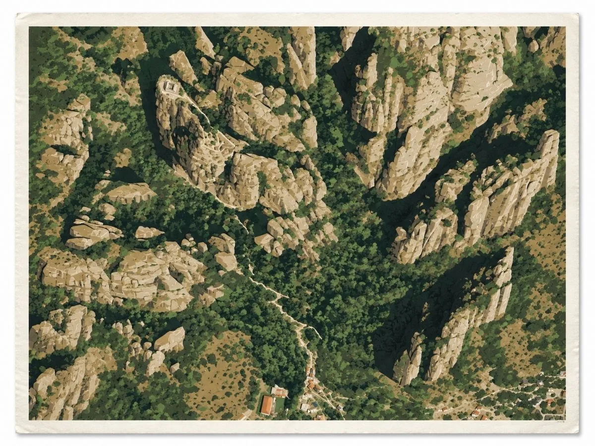 Illustrated site map of El Tepozteco in Tepoztlán, Morelos, Mexico, showing the Tepozteca hilltop archaeological complex, Temple of Tepoztécatl, terraces, pathways, and surrounding mountain terrain.