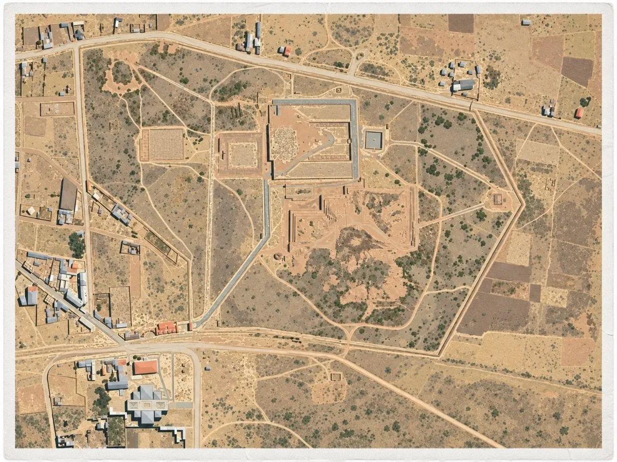 Illustrated aerial site map of Tiwanaku in the Department of La Paz, Bolivia, showing the Akapana Pyramid, Kalasasaya temple complex, plazas, pathways, and surrounding Altiplano landscape.