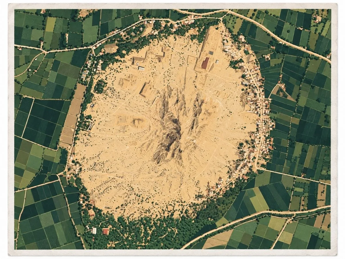 Illustrated aerial site map of Túcume in Lambayeque, Peru, showing adobe pyramidal structures around Cerro Purgatorio, pathways, and surrounding agricultural fields.