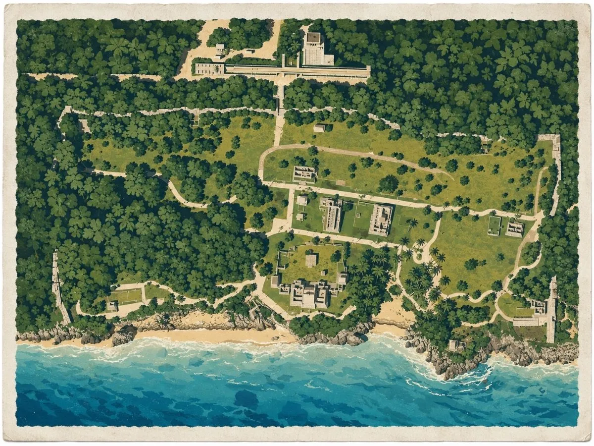 Illustrated aerial site map of Tulum in Quintana Roo, Mexico, showing the walled Maya ceremonial center, temples, plazas, pathways, surrounding forest, and the Caribbean coastline.