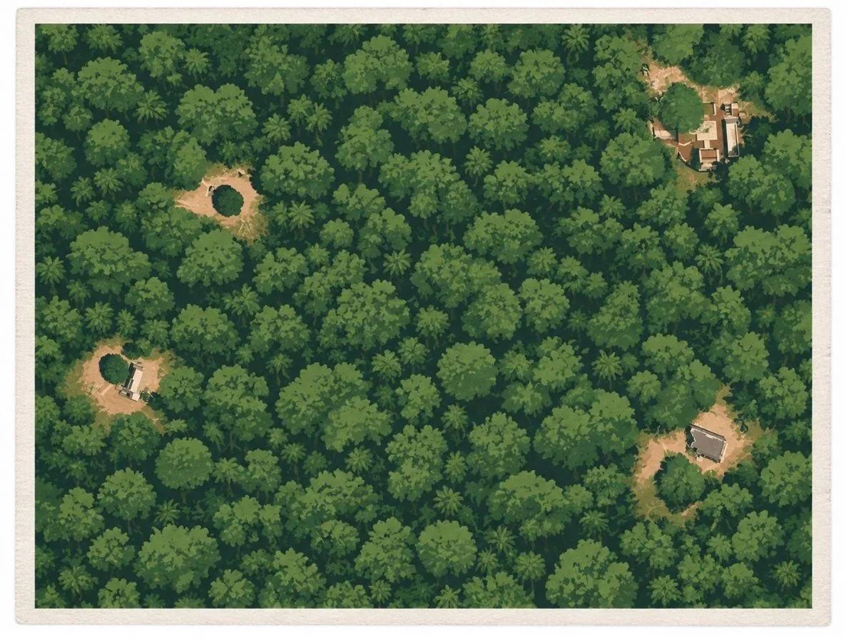 Illustrated aerial site map of Xlapak in Yucatán, Mexico, showing dispersed Maya buildings and pathways within dense Puuc forest, including the principal Palace complex.