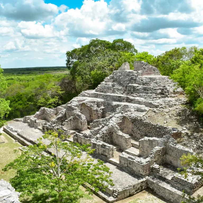 Elevated view of Structure II at Becán, showing roofless stone chambers in front of a stepped pyramid surrounded by forest.