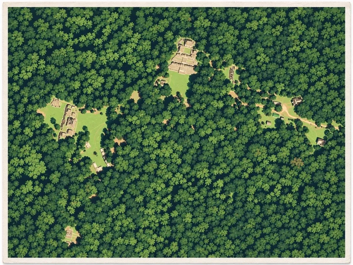 Illustrated aerial site map of Caracol in Cayo District, Belize, showing major Maya architectural groups, plazas, causeways, pathways, and surrounding tropical rainforest.