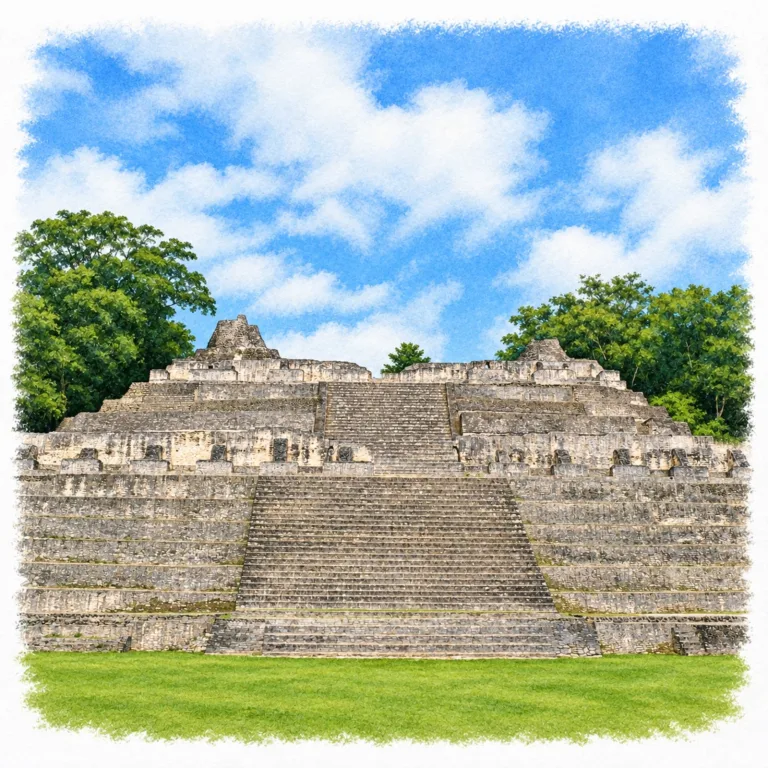 Caana at Caracol, Belize, with a broad central staircase, stepped stone terraces, and upper temple remains framed by tropical trees.
