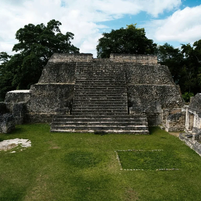 Structure B18 on Caana at Caracol in Cayo District, Belize, showing a broad central staircase, stepped stone terraces, low summit walls, and a grassy courtyard surrounded by forest.