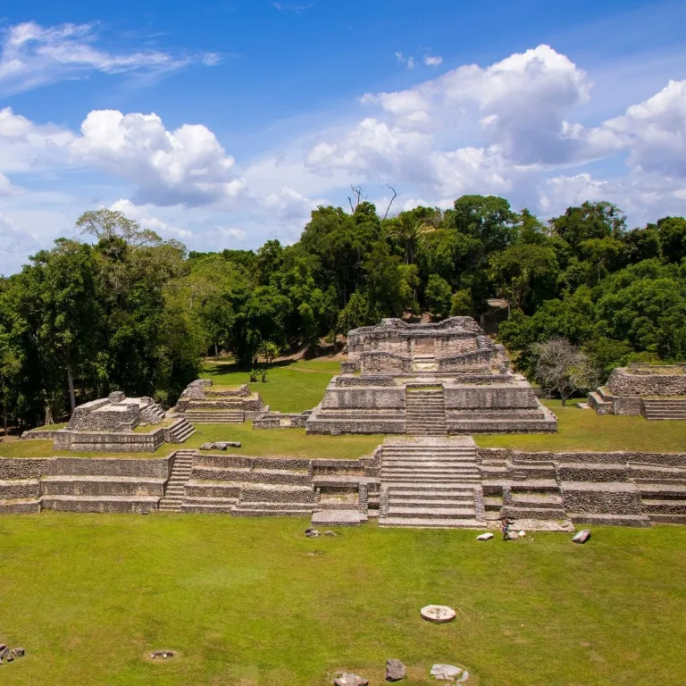 Elevated view of Structure A6 at Caracol in Cayo District, Belize, showing its terraced stone platform, central stairways, summit temple ruins, and smaller adjoining structures beside the forest.