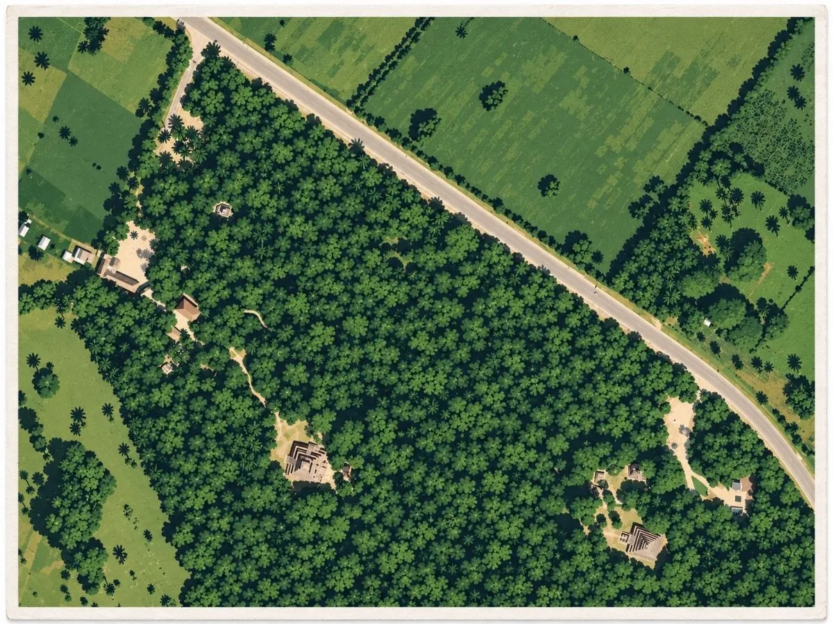 Illustrated aerial site map of Chacchoben in Quintana Roo, Mexico, showing major Maya structures, plazas, pathways, surrounding tropical forest, and nearby agricultural land.