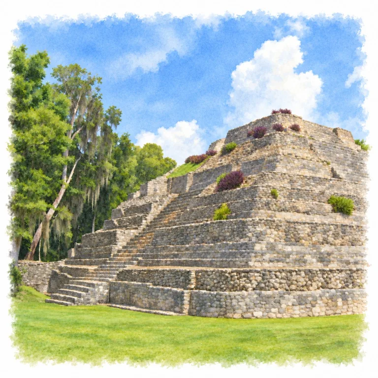 Edificio 24 at Chacchoben in Quintana Roo, Mexico, showing the stepped Maya pyramid with rounded corners and a broad central staircase beside the forest.