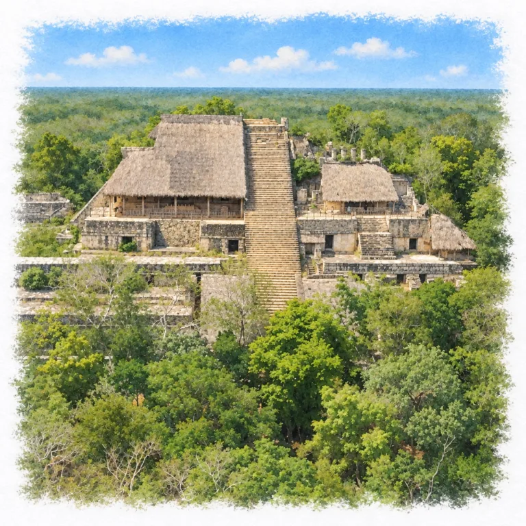 The Acropolis at Ek Balam in Yucatán, Mexico, showing the monumental central staircase, royal palace levels, protected stucco façades, and surrounding Maya forest.
