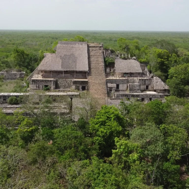 Structure 1, the Acropolis at Ek Balam in Yucatán, Mexico, showing its tall central staircase, terraced palace rooms, and protective thatched roofs surrounded by forest.
