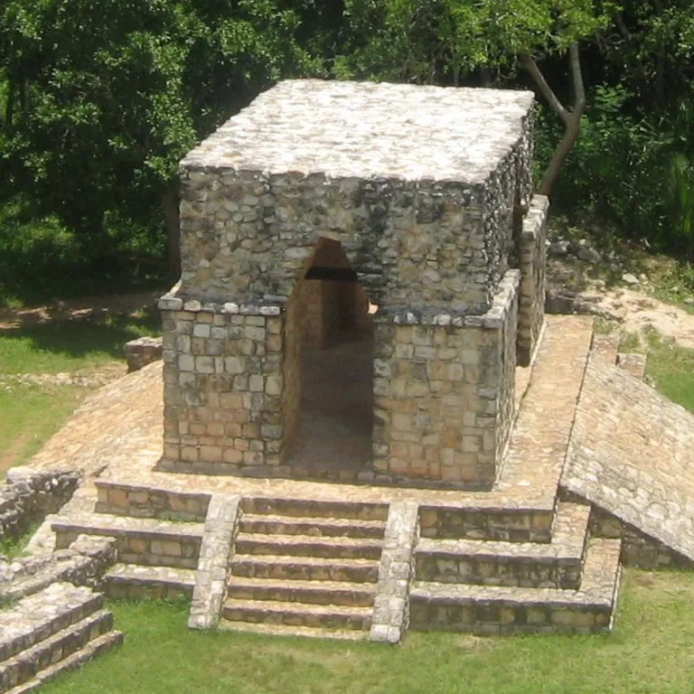 Elevated view of Structure 18, the vaulted entrance passage at Ek Balam in Yucatán, Mexico, showing its corbelled stone opening, central staircase, stepped platform, and surrounding forest.