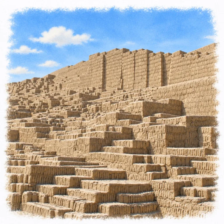 The Gran Pirámide at Huaca Pucllana in Miraflores, Lima, Peru, showing stepped adobe terraces, monumental retaining walls, and vertically arranged mud bricks beneath a blue sky.
