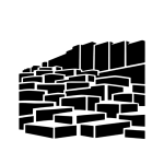 Stencil icon of the Gran Pirámide at Huaca Pucllana in Lima, Peru, shown as a bold black silhouette of stepped adobe terraces and monumental retaining walls.