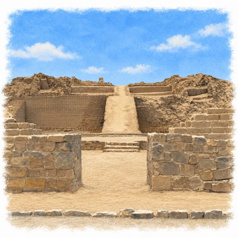 Pirámide con Rampa 1 at Pachacamac in Lima, Peru, showing its broad central adobe ramp, stepped stone entrance, terraced walls, and surrounding masonry ruins.