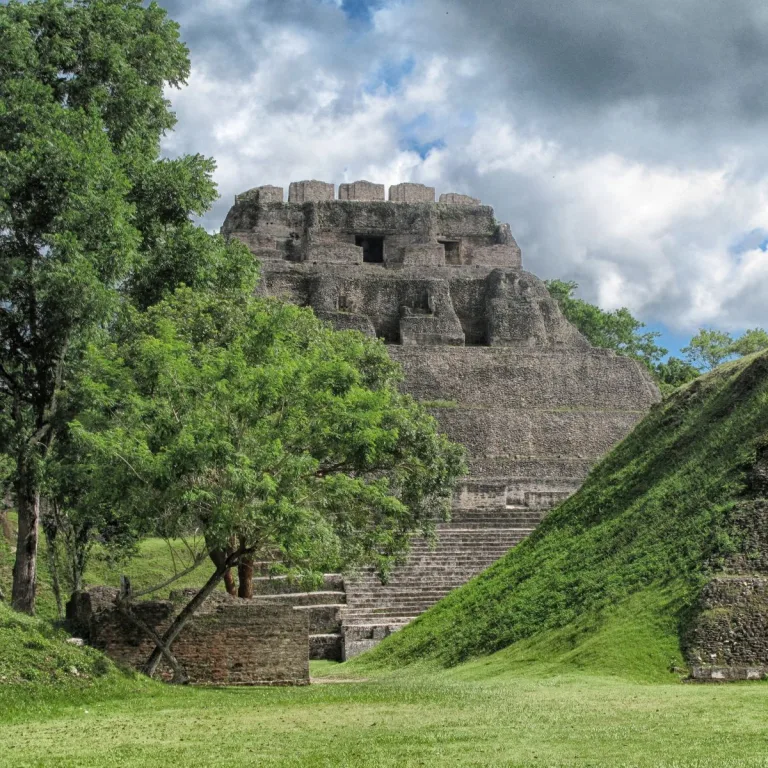 El Castillo at Xunantunich in Cayo District, Belize, rising above Plaza A-I with its broad staircase, terraces, and summit chambers.