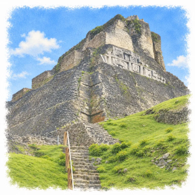 West side of El Castillo at Xunantunich in Cayo District, Belize, showing the monumental stepped pyramid and surviving stucco frieze on Structure A-6.