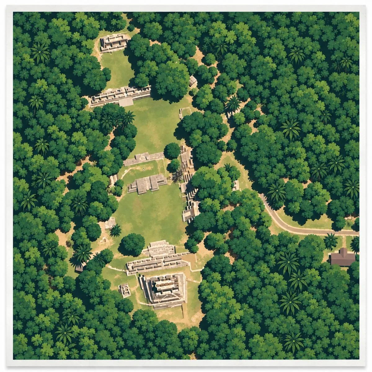 Illustrated aerial site map of Xunantunich in Cayo District, Belize, showing major Maya structures, plazas, pathways, and surrounding tropical forest.