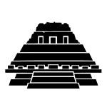 Stencil icon of El Castillo, Structure A-6, at Xunantunich shown as a bold black silhouette of the stepped Maya pyramid and summit rooms.