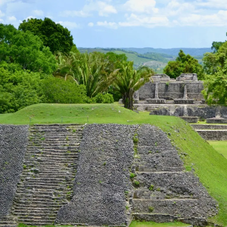 Structure A-1 at Xunantunich in Cayo District, Belize, showing the broad terraced Maya platform that separates Plazas A-I and A-II.